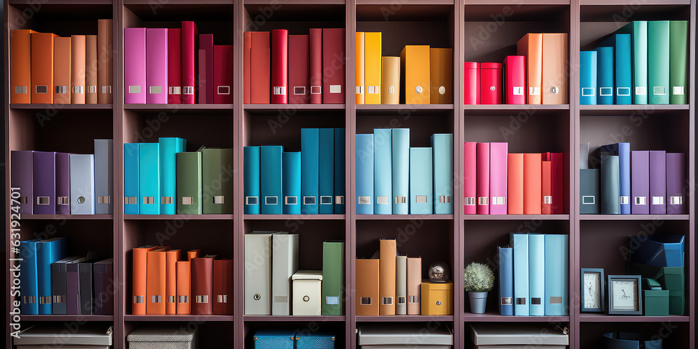 Bookshelf with colorful rainbow folders. Wallpaper with straight view of open bookcase. Modern interior design backdrop.