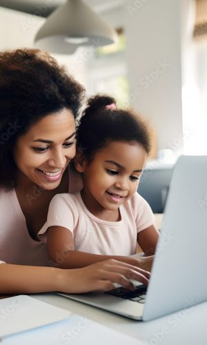 Happy african american mother teaching children learning computer laptop on a online class at home, mother and daughter studying online at home.